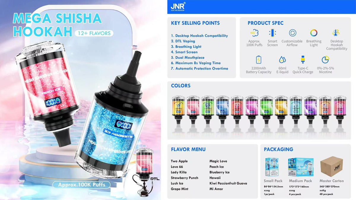 JNR Mega Shisha Hookah 100k Puffs Vape Jetable (Boîte de 10)